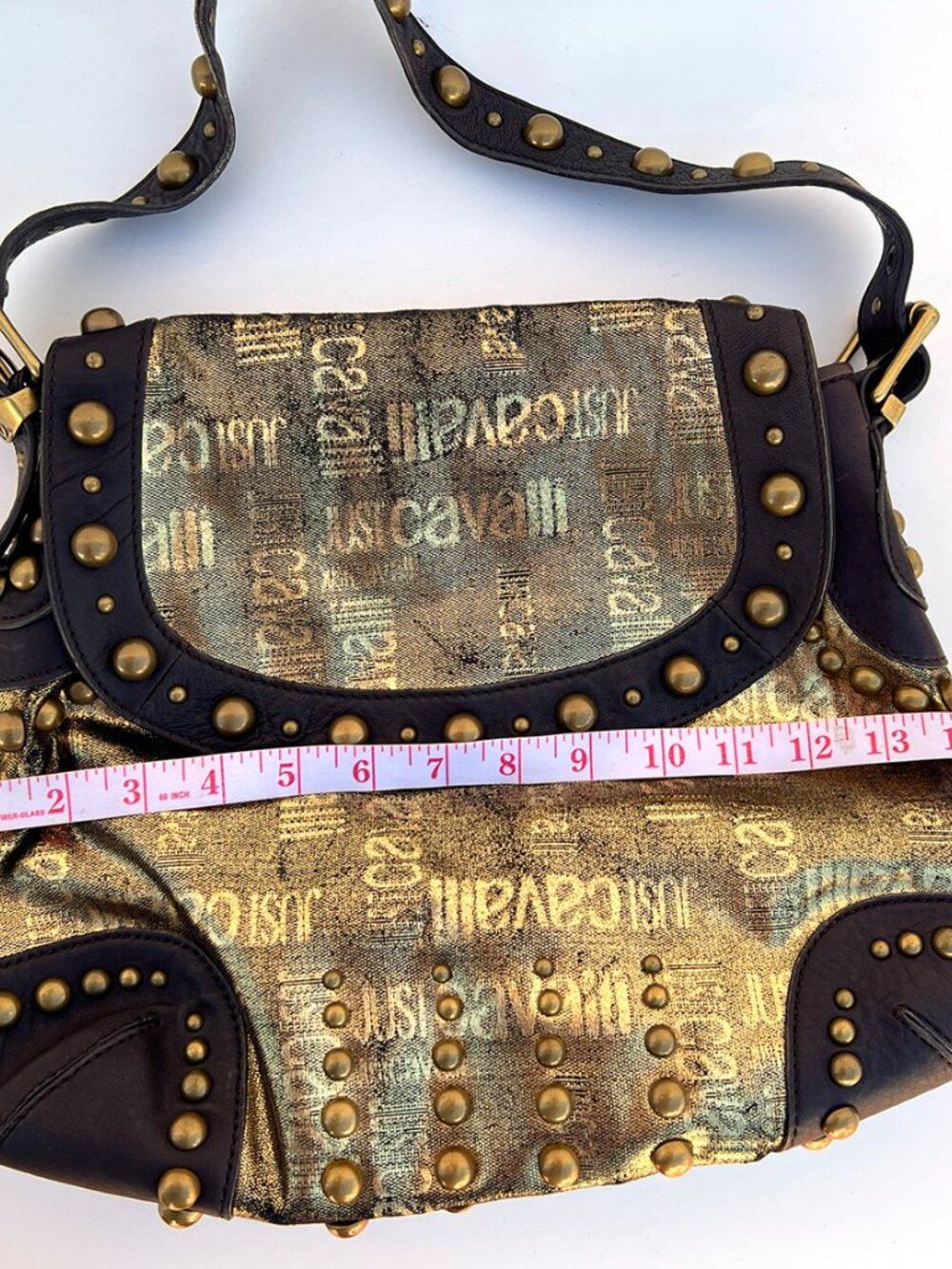 MINT CONDITION AUTHENTIC JUST CAVALLI GOLD BROCADE STUDS HOBO SHOULDER BAG - Picture 10 of 14